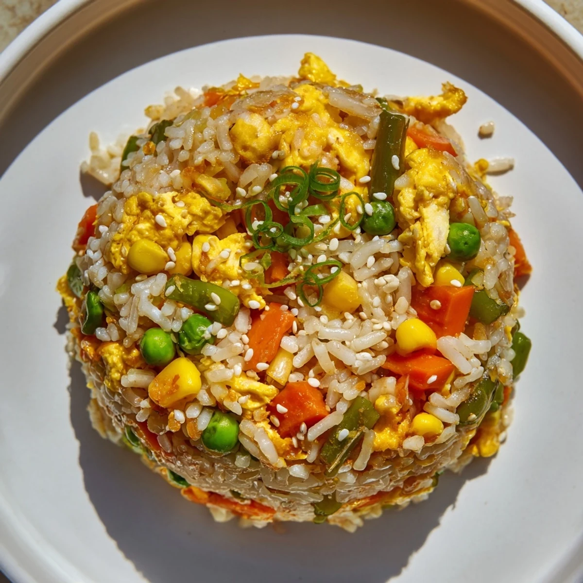Steaming-hot Frozen Veggie Fried Rice showcases colorful veggies, fluffy eggs, and savory soy sauce, offering a delicious meal.
