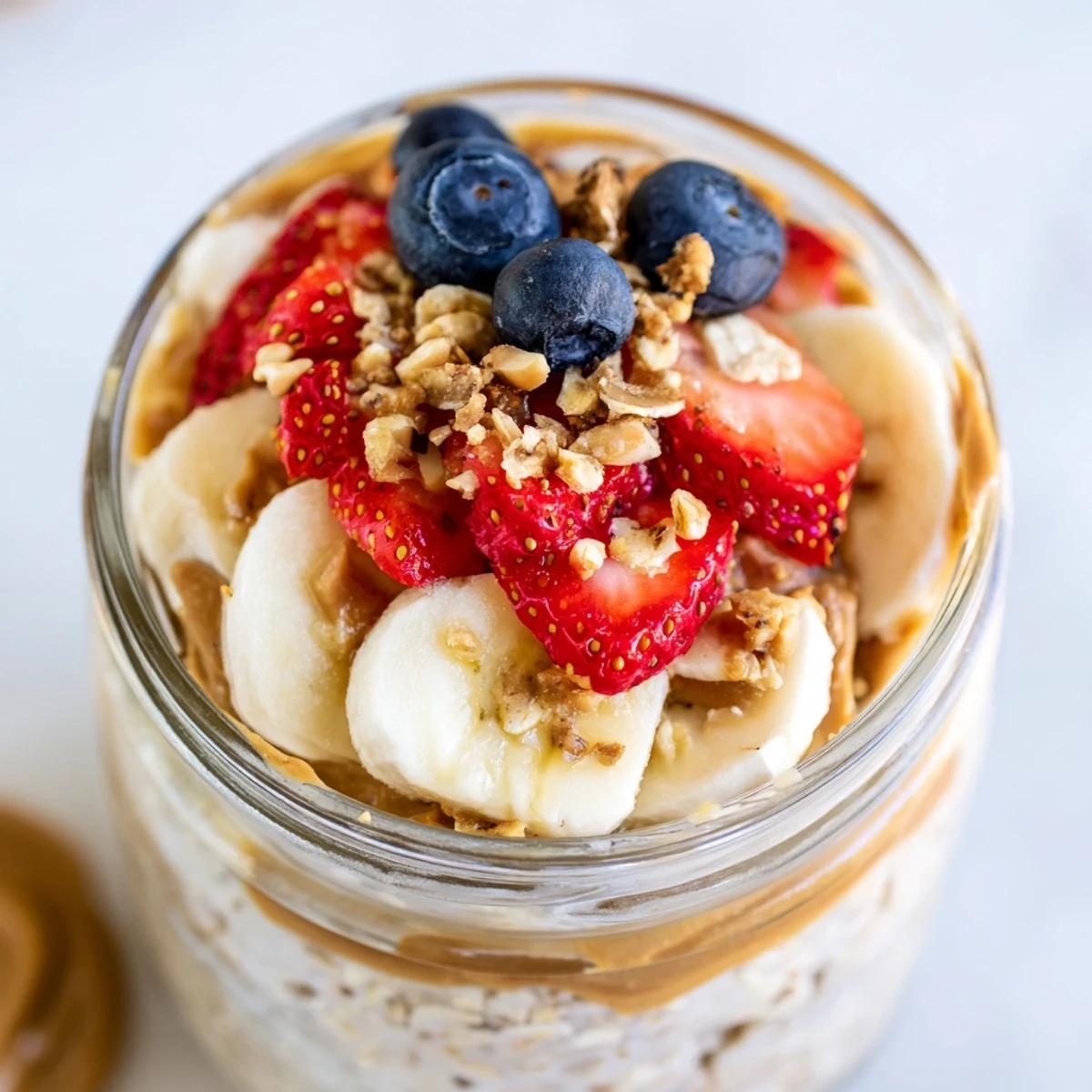 A close-up of vibrant overnight oats jars, showcasing a healthy breakfast with fruit slices.