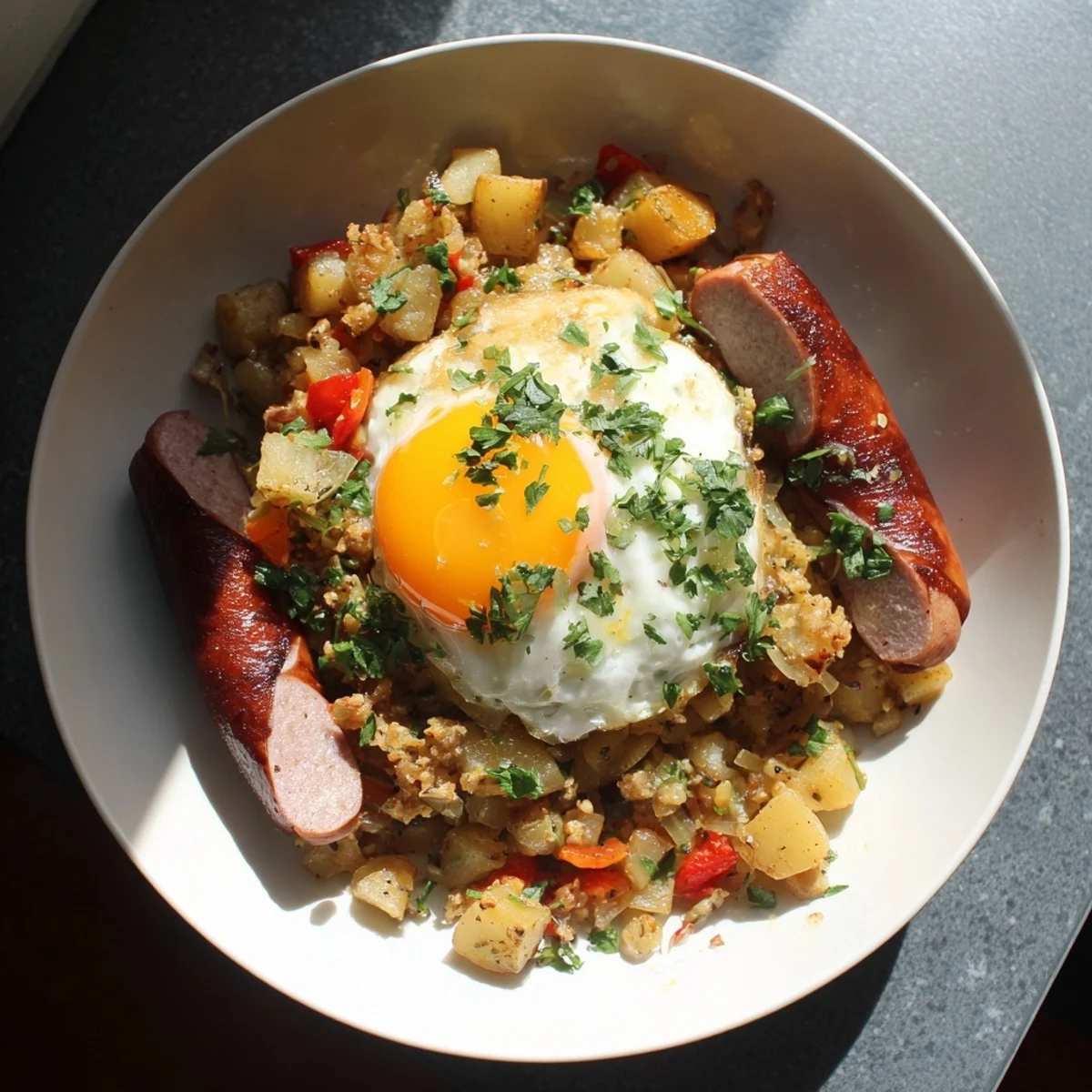 Golden-brown Egg & Potato Hash with visible hot dog slices, perfect for a hearty brunch.