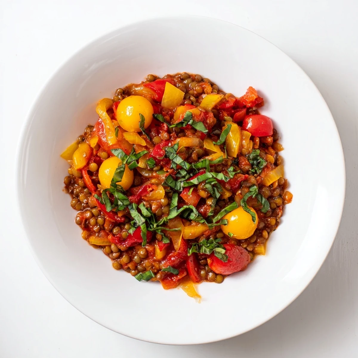 A steaming skillet of Lentil-Tomato goodness offers a colorful, healthy vegetarian meal option.