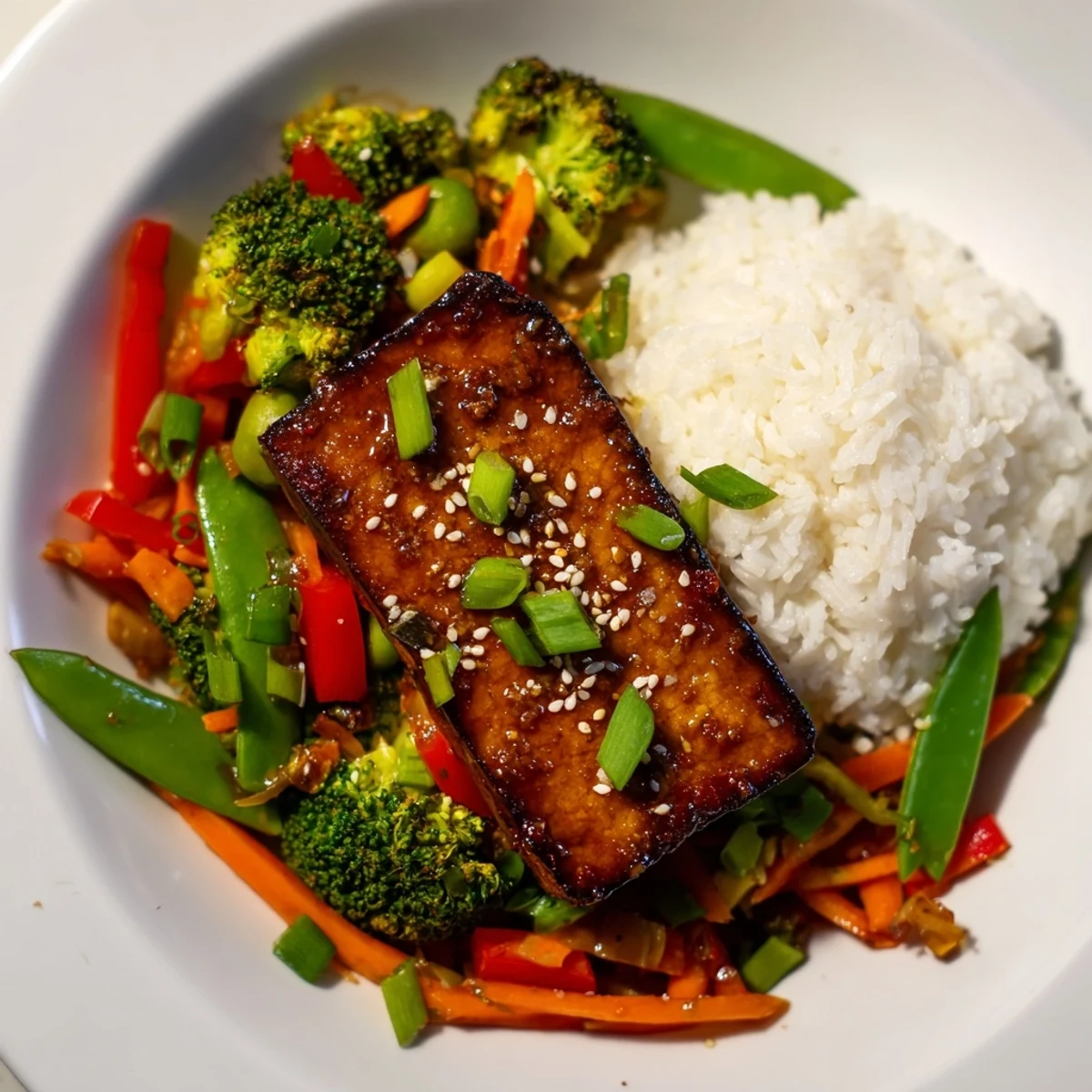 Golden-brown pressed tofu steaks sit atop colorful stir-fried vegetables with fluffy rice.