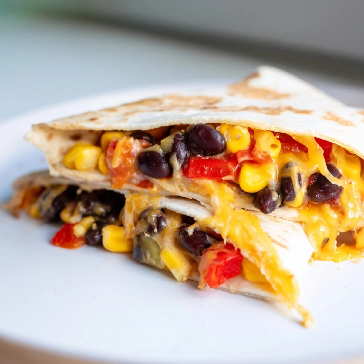Golden-brown tortilla wrap hack loaded with beans, cheese, and vegetables, ready to eat.