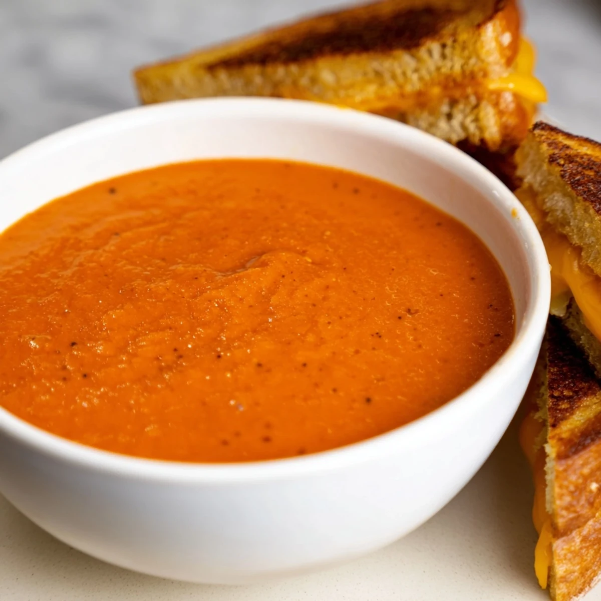 Perfectly grilled cheese strips await dipping into creamy, vibrant 5-Ingredient Tomato Soup in this delicious meal.