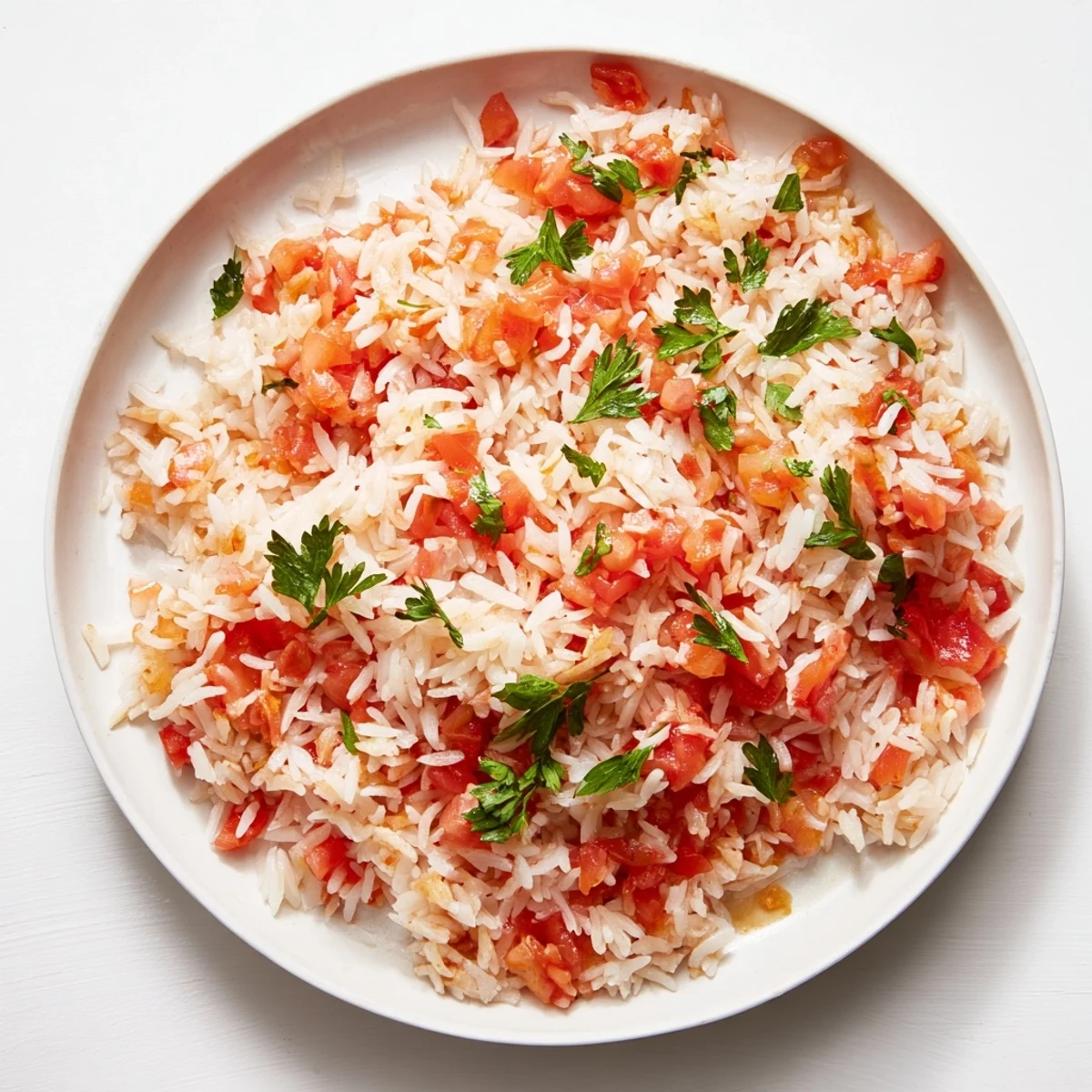 A steaming, aromatic skillet of tomato-rice dinner ready to serve fresh parsley.