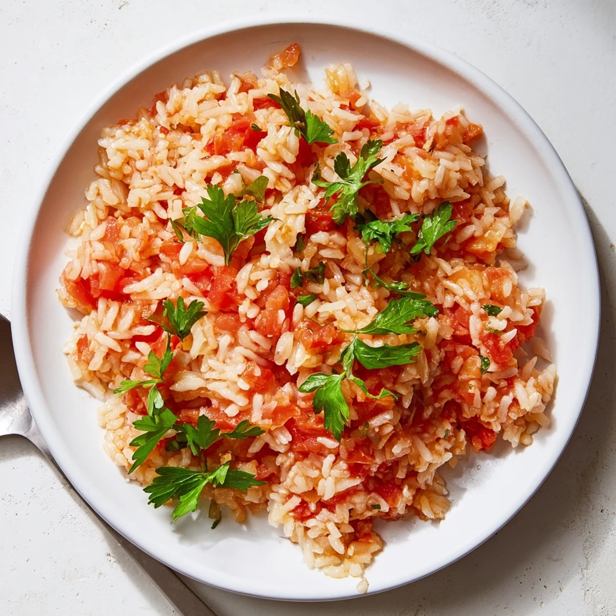 Golden-hued tomato-rice skillet dinner, a simple vegetarian meal bubbling in a skillet.
