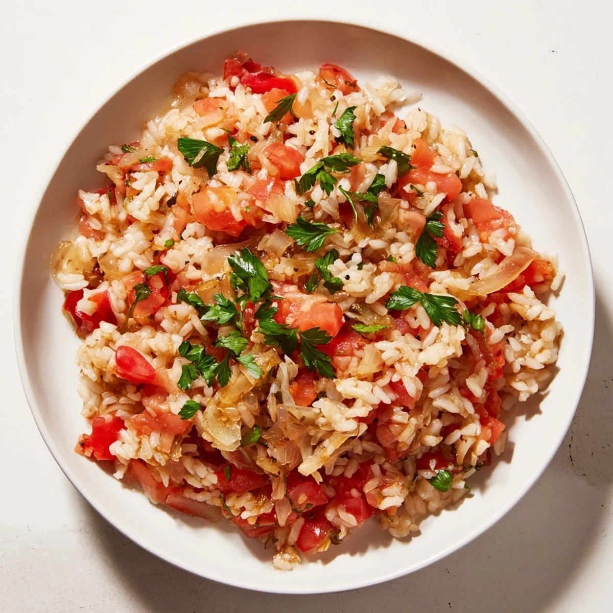 Close-up of a flavorful tomato-rice skillet dinner, featuring tender rice and juicy tomatoes.