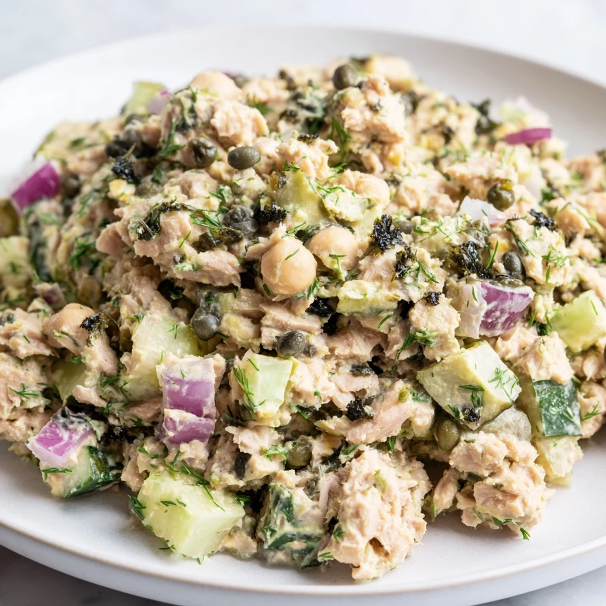 Freshly made chickpea tuna salad, beautifully textured with diced red onion for a flavor explosion.
