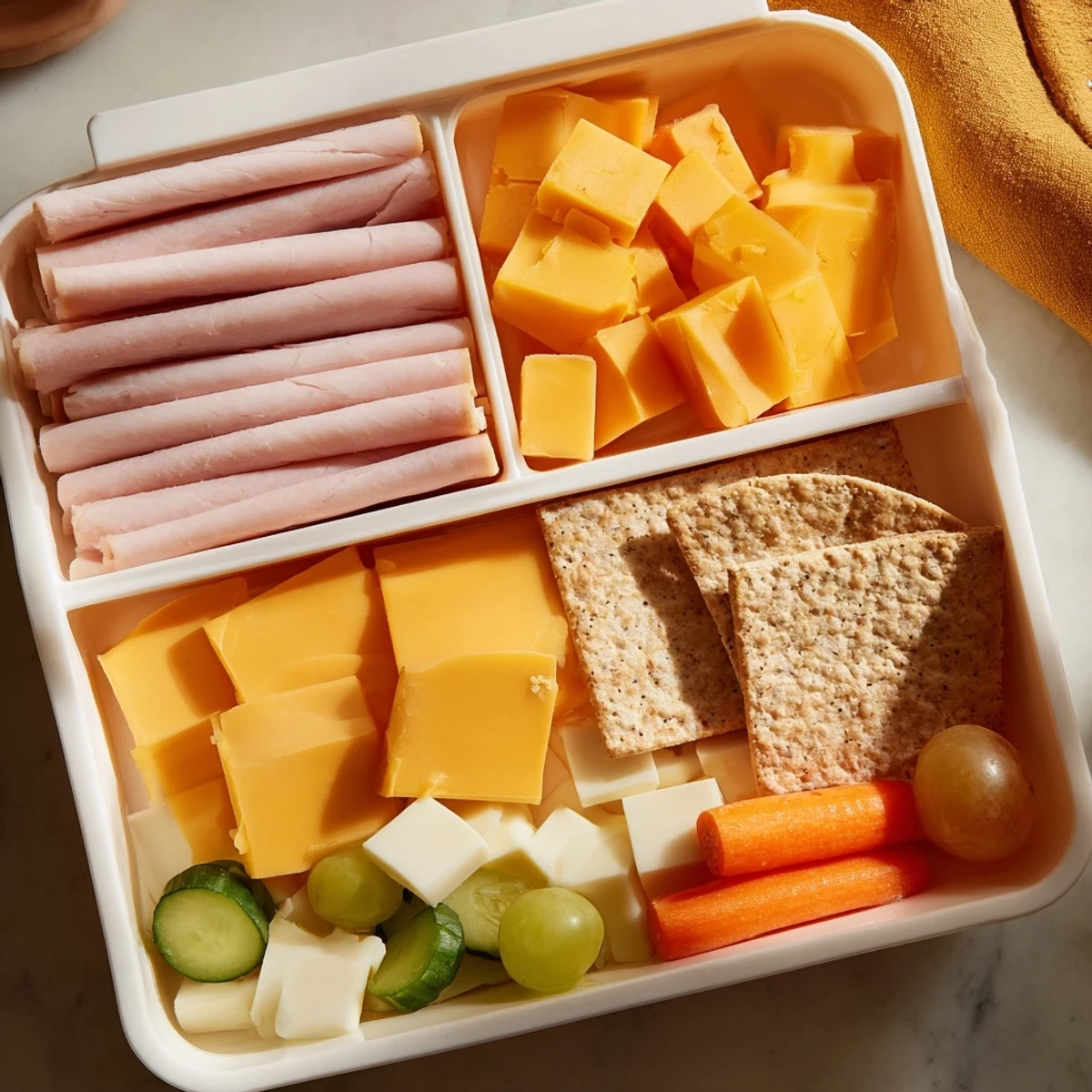 Vibrant DIY Lunchables featuring colorful fruits, meats, cheeses, and crackers; perfect lunch solution.