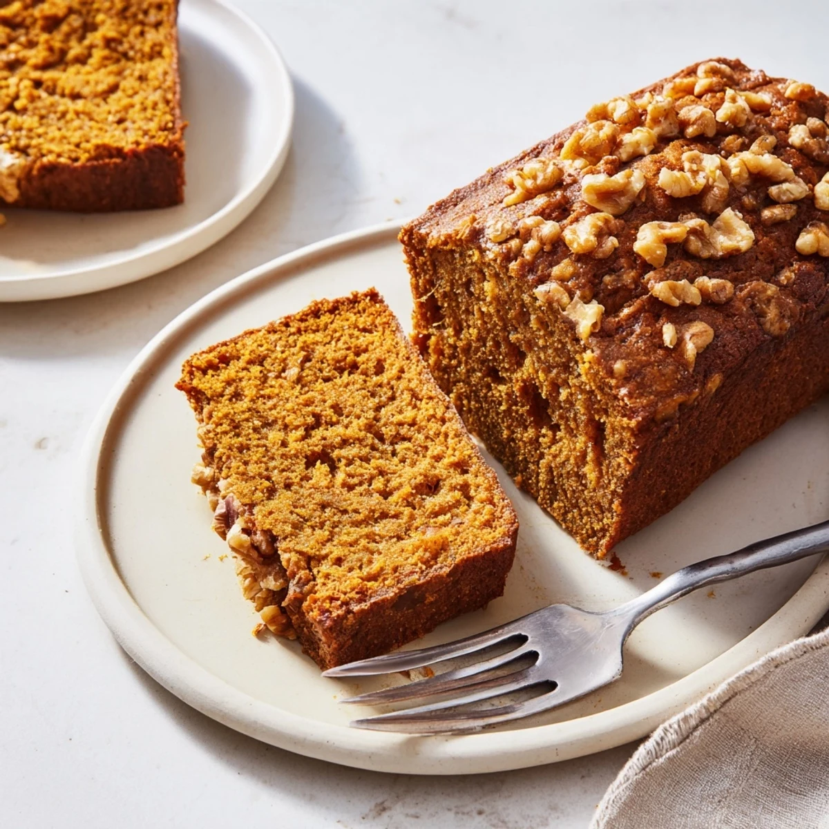 A close-up of pumpkin bread, steaming fresh from the oven, offering a delicious, moist slice.