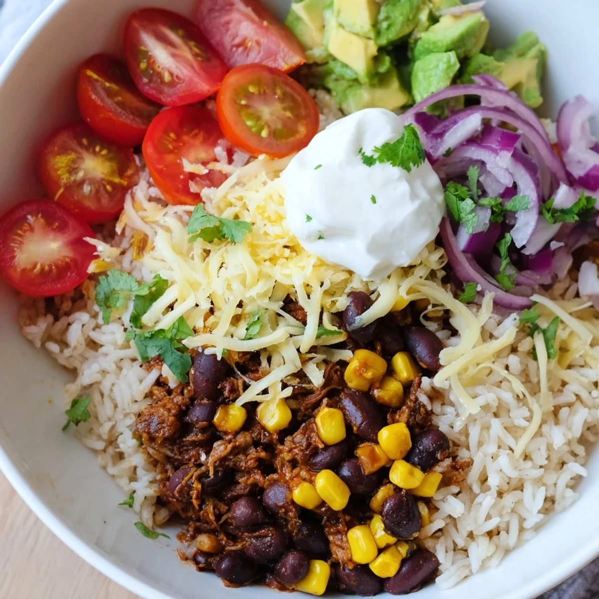Enjoy fluffy rice, black beans, and sweet corn in a hearty Rice, Bean, and Corn Burrito Bowl, a flavorful meal at home.