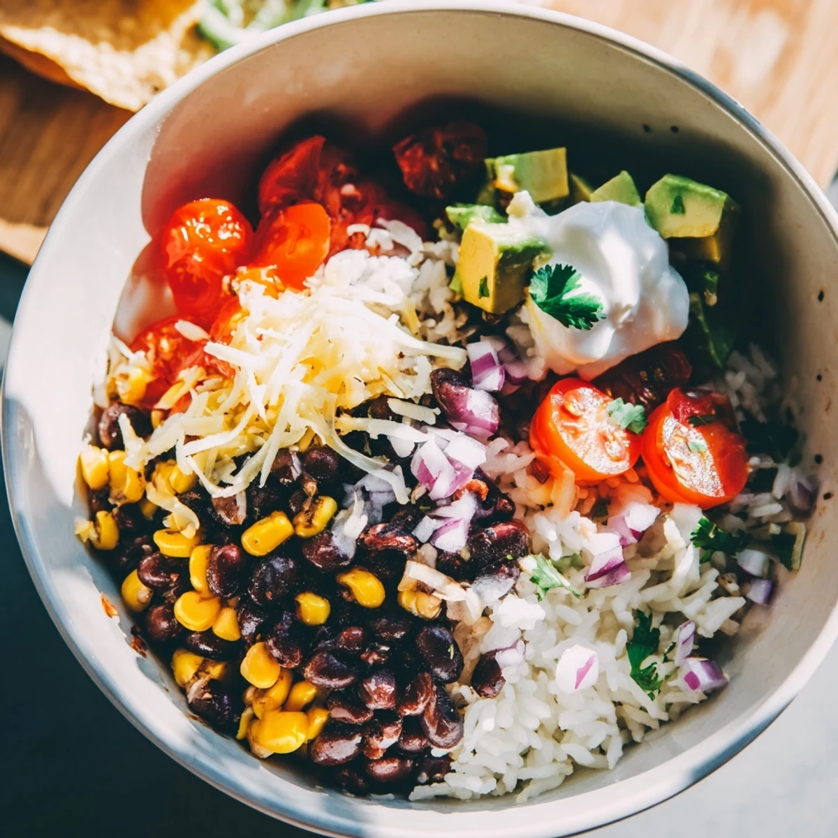 Steaming Rice, Bean, and Corn Burrito Bowls piled high with fresh, colorful Tex-Mex toppings and lime.