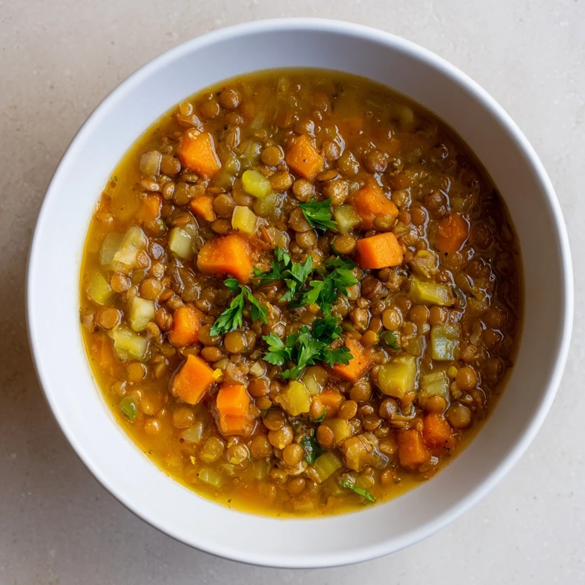 Steaming bowl of Lentil Soup with carrots and celery, garnished with fresh herbs, ready to serve.