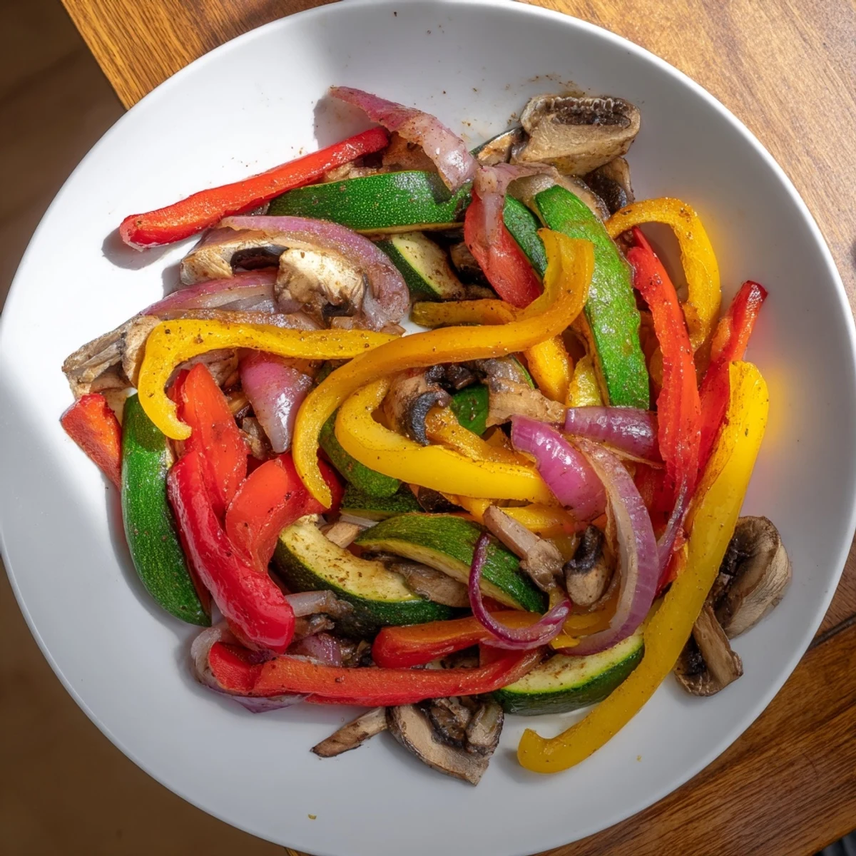 A colorful close-up shows tender veggie skillet fajitas, filled with fresh cilantro and a squeeze of lime.