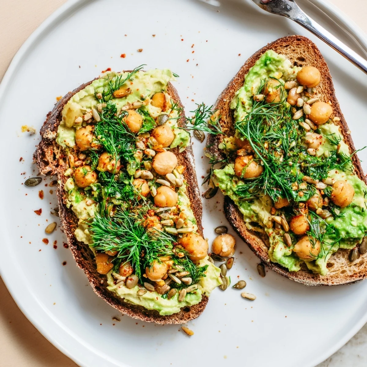 Vibrant avocado toast recipe featuring spiced chickpeas and a delightful herb garnish, ready to eat!