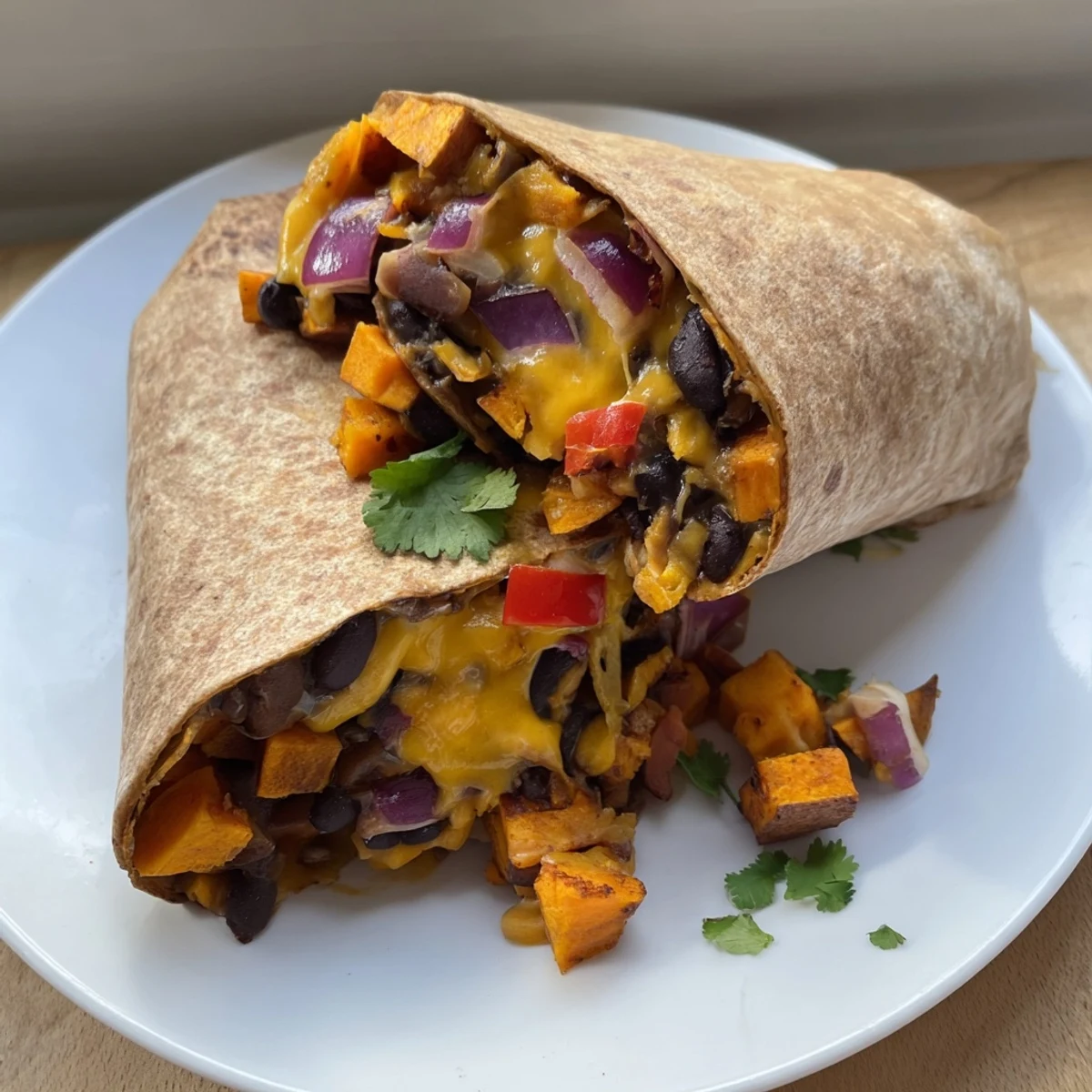 Steaming hot Sweet Potato & Black Bean Breakfast Burrito, loaded with roasted veggies and melted cheese.