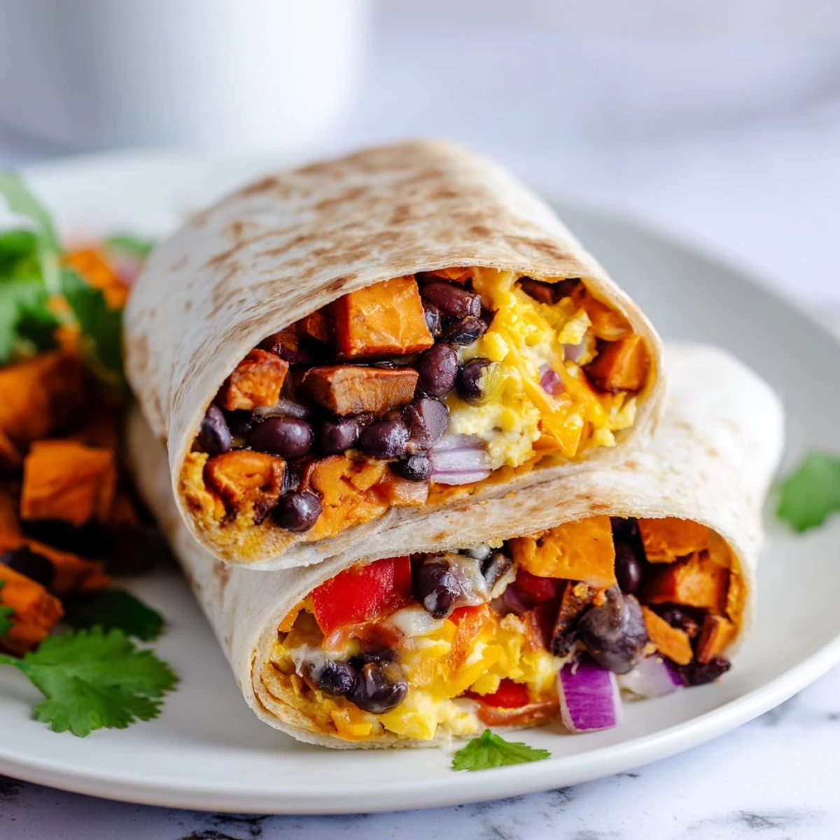 Golden brown, crispy Sweet Potato & Black Bean Breakfast Burrito ready to be devoured with salsa.