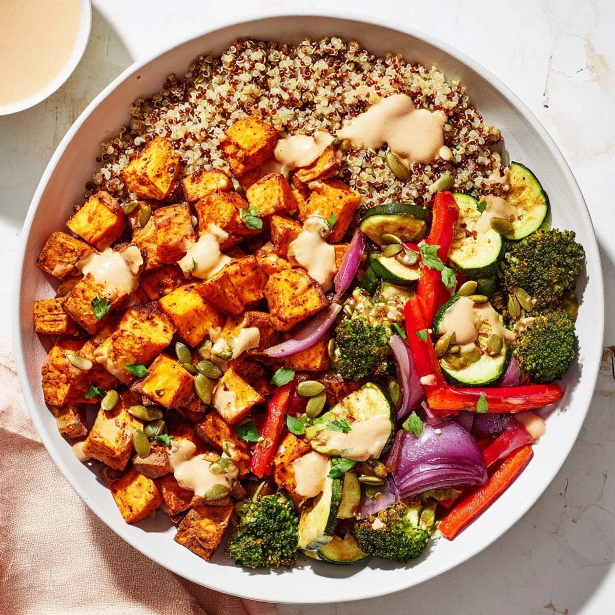 Quinoa bowl with roasted veggies, vibrant colors and drizzle of lemon-tahini dressing, a healthy meal.