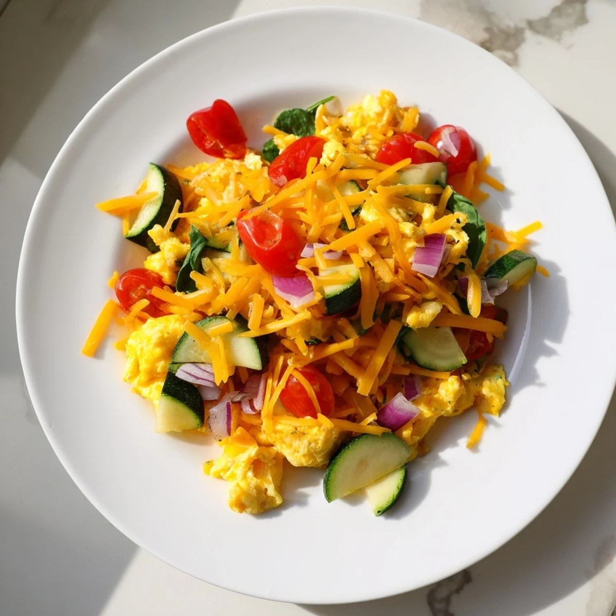 Enjoy a delicious plate of Egg & Veggie Sheet Pan Scramble, perfect for a quick, healthy breakfast.