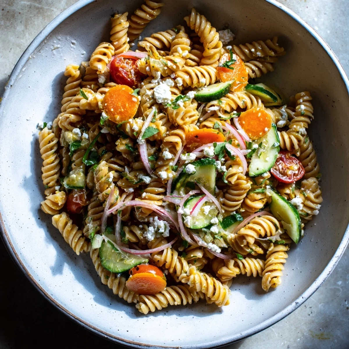 Freshly tossed pasta salad with seasonal veggies, showing colorful tomatoes and a simple dressing.