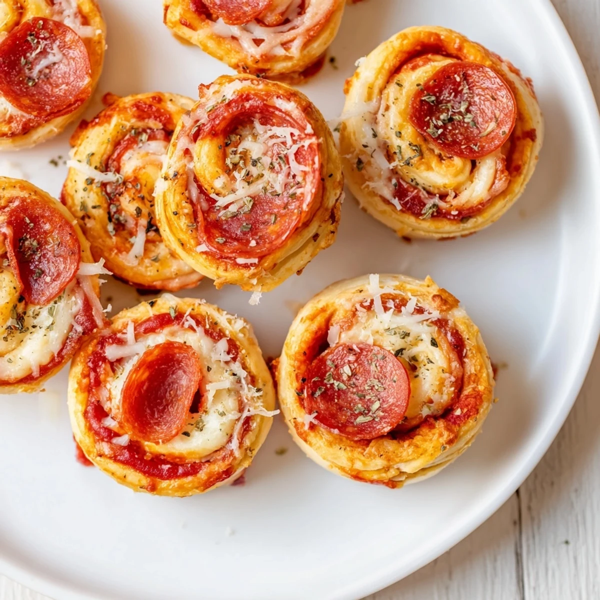 Golden, flaky Mini Pepperoni Pizza Pinwheels, fresh from the oven, offering a delightful and savory bite.