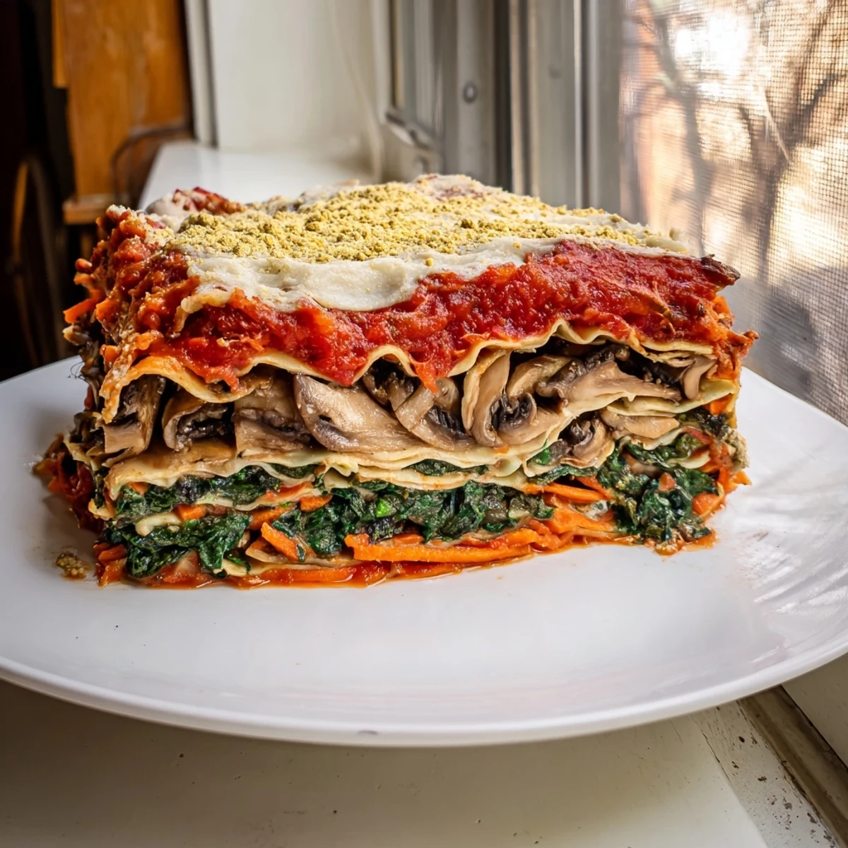 Steaming vegan mushroom spinach lasagna, layered with creamy sauce and golden-brown top, ready to serve.