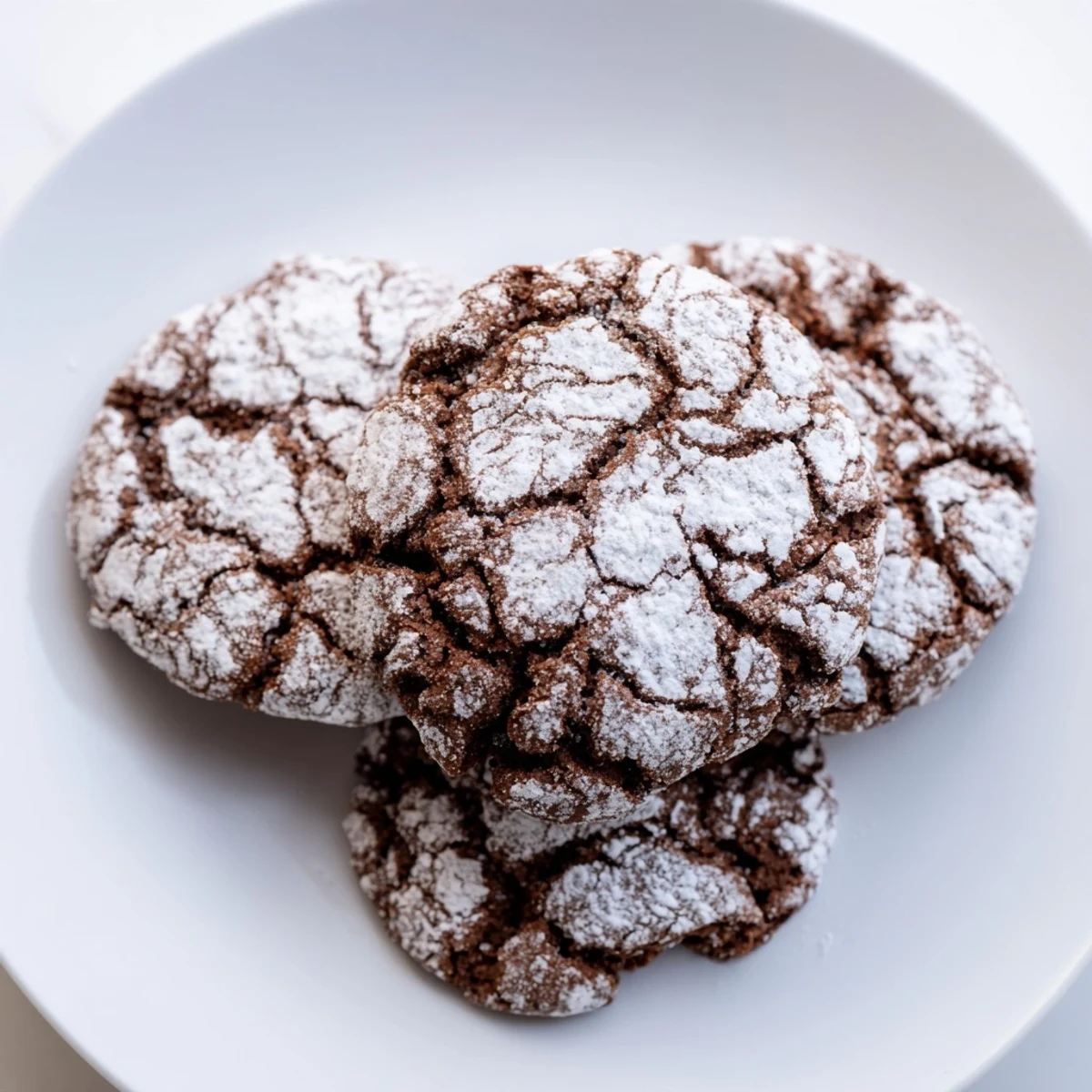 A plate of Chocolate Gingerbread Crinkle Cookies dusted in powdered sugar, ready to eat.