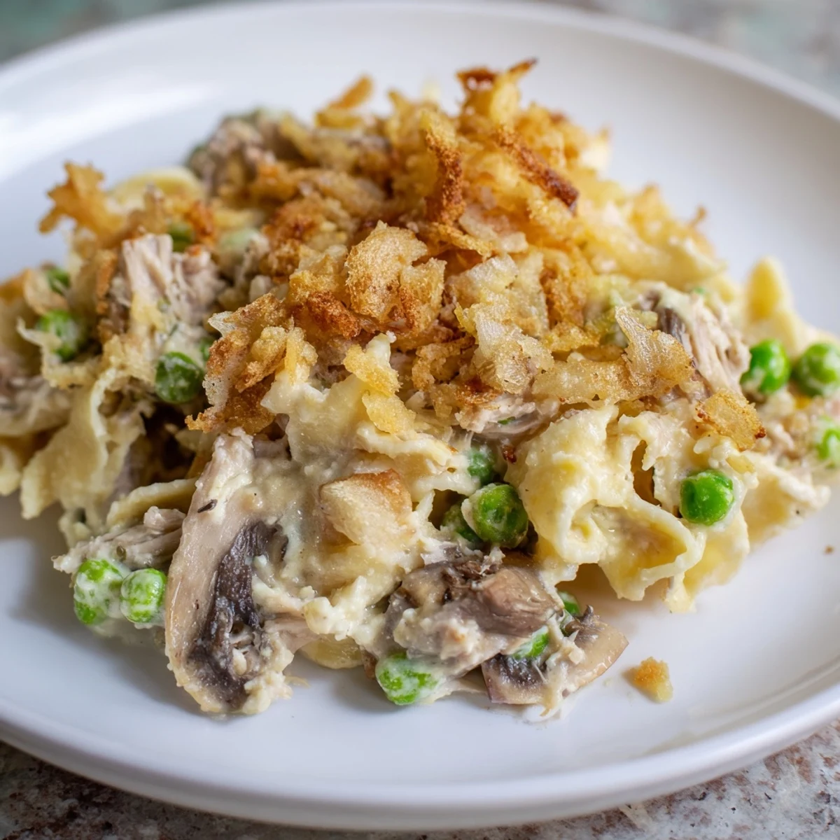 Golden-brown, baked tuna noodle casserole glistens, showcasing tender noodles and a satisfying texture.