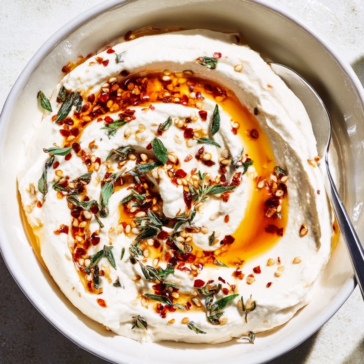Creamy whipped ricotta dip with hot honey, drizzled and swirled for a delicious appetizer.