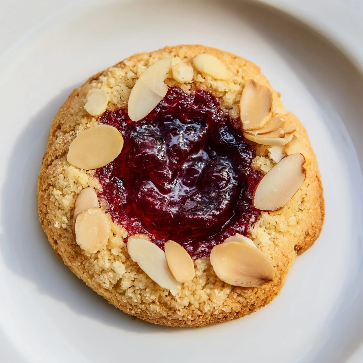 Warm, golden-baked cherry almond thumbprint cookies, filled with glistening red jam, a perfect treat.
