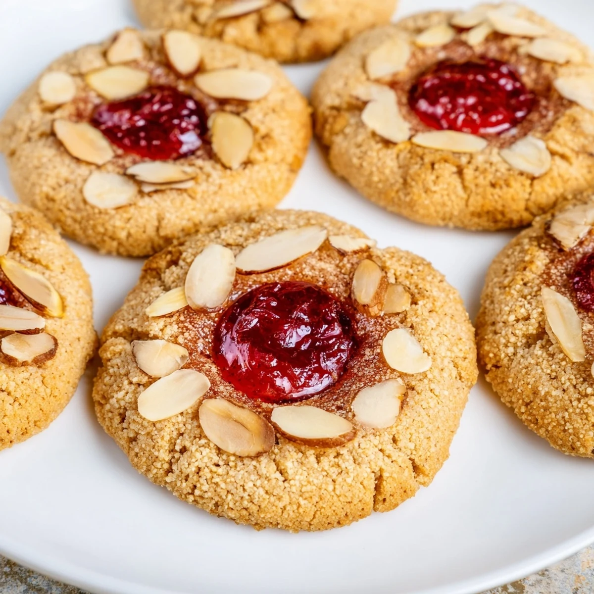 Close-up of freshly baked cherry almond thumbprint cookies, dusted optionally with sliced almonds, and ready to serve.