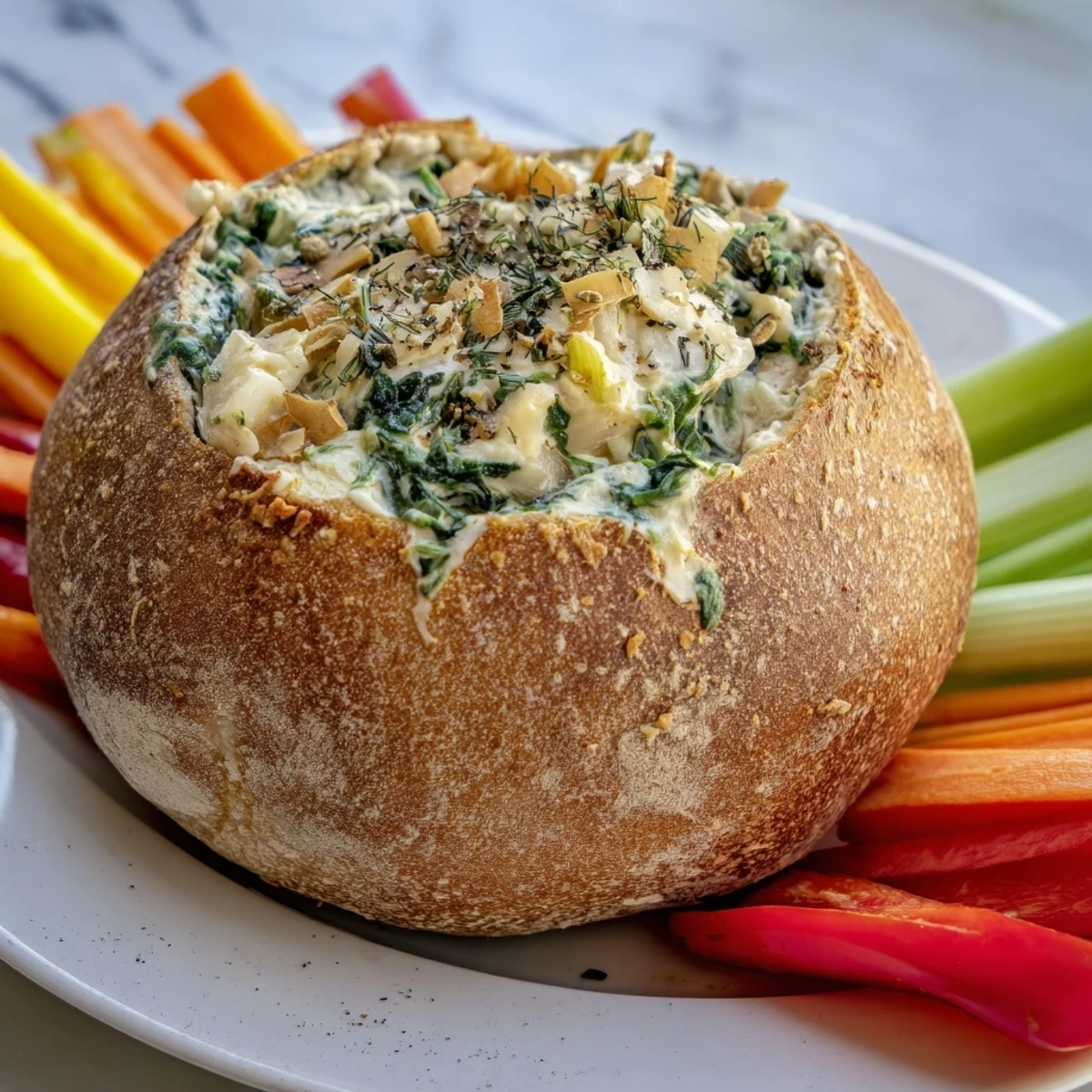 Warm, bubbling Best-Ever Spinach Dip in a crusty bread bowl, ready to dip and enjoy.