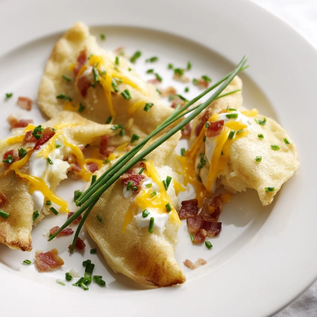 Steaming Loaded Baked Potato Soup Dumplings, golden from a quick pan-fry, ready to be enjoyed as a starter.