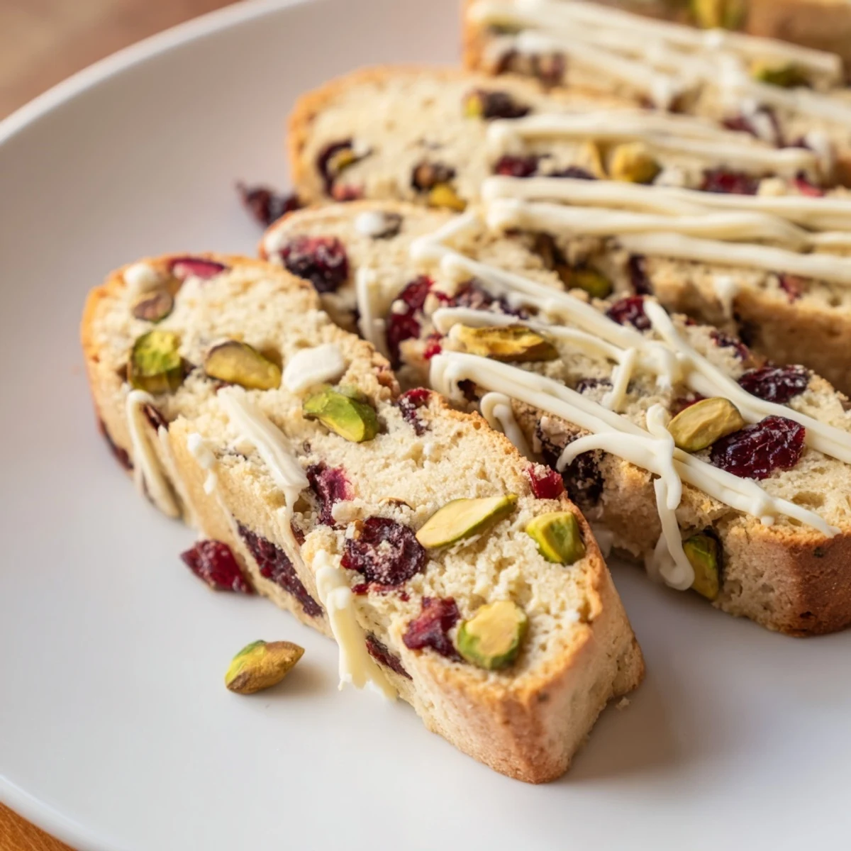 Golden-brown White Chocolate Cranberry Pistachio Biscotti are ready to dip in your favorite warm beverage.