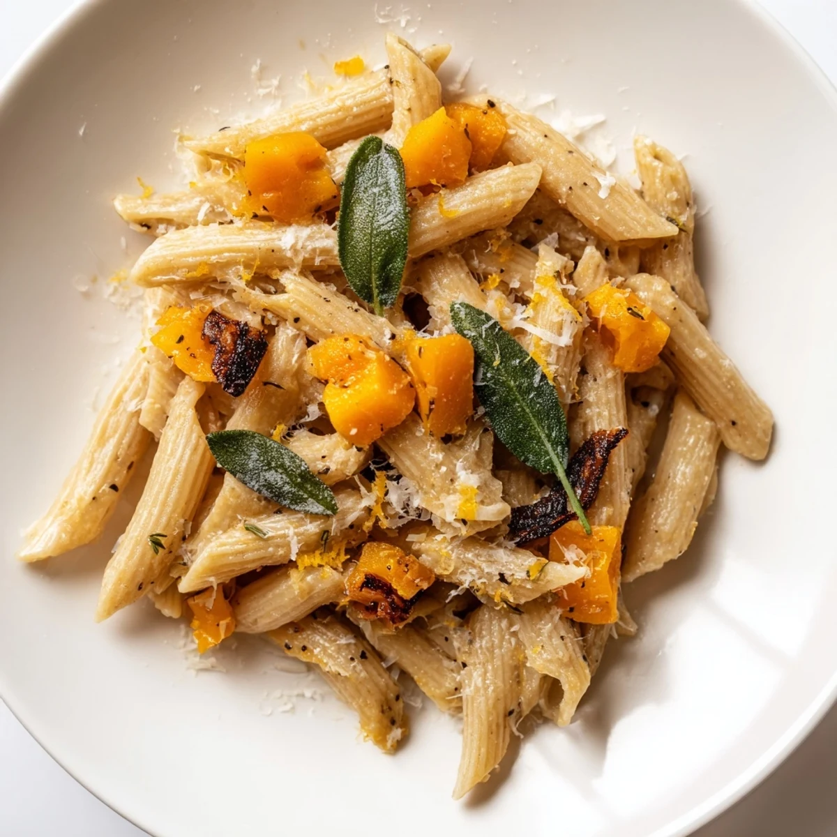Golden brown butter pasta with butternut squash; a warm, comforting bowl of Italian goodness.