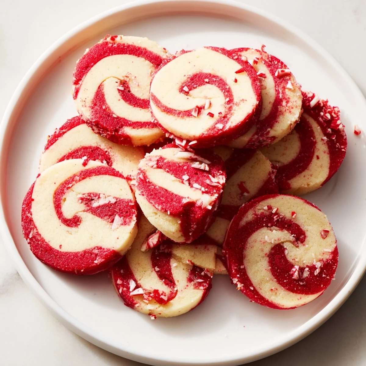 Close-up on the beautifully swirled Candy Cane Pinwheel Cookies, smelling of peppermint and baking warmly.