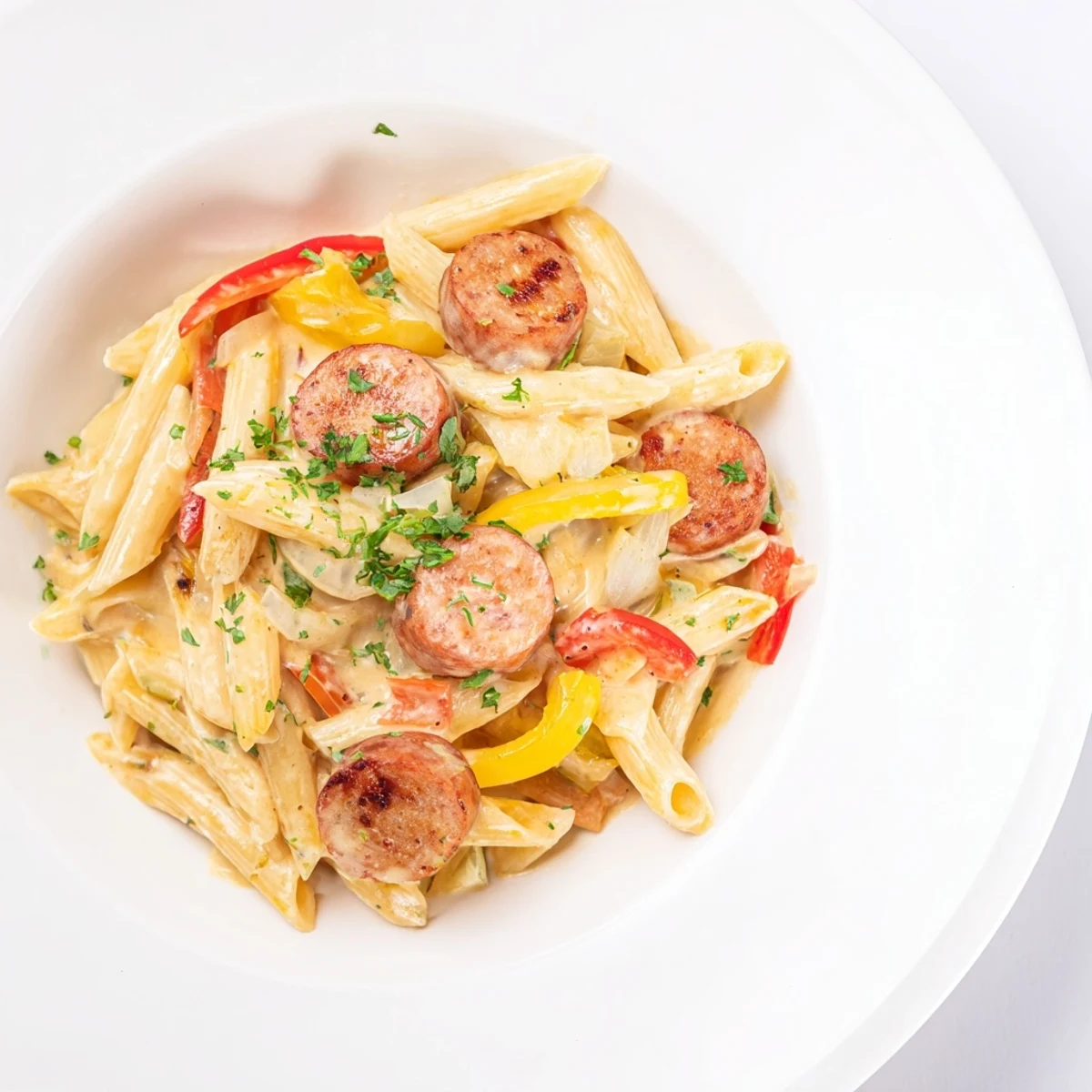 Golden Cajun Spiced Smoked Sausage Alfredo, a flavorful one-pot meal, ready to eat.