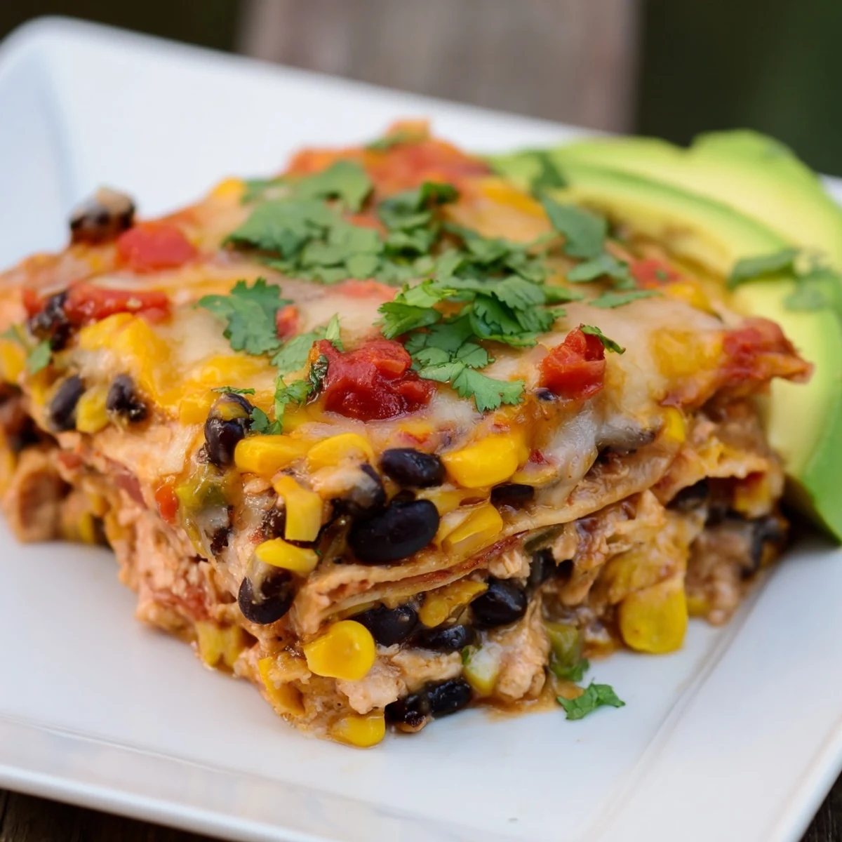 Quick Black Bean and Corn Tortilla Casserole bubbling with melted cheese, a flavorful Mexican-inspired baked dish.