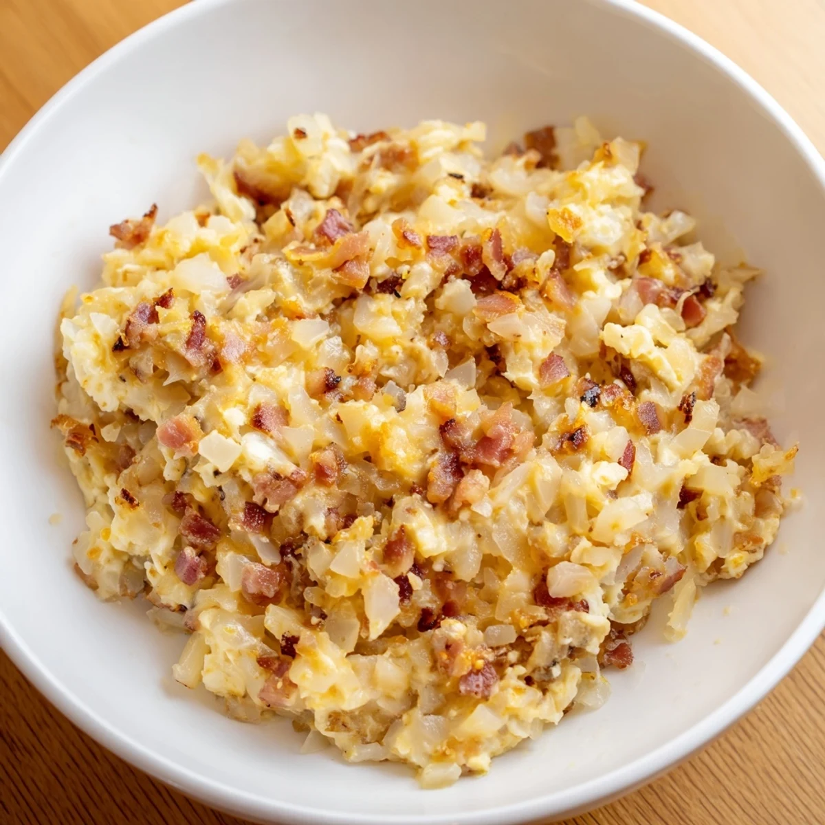 Savory Caramelized Onion and Bacon Dip: a close-up shows bacon crumbles mixed with creamy sour cream.