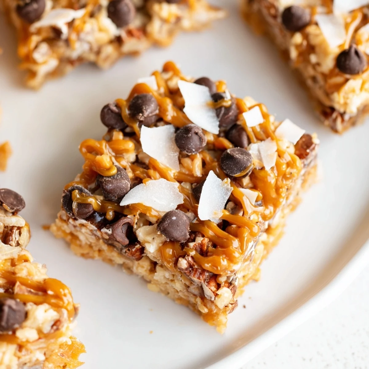 Delicious 7-Layer Magic Bars: layers of chocolate, coconut, and nuts, finished with caramel drizzle.