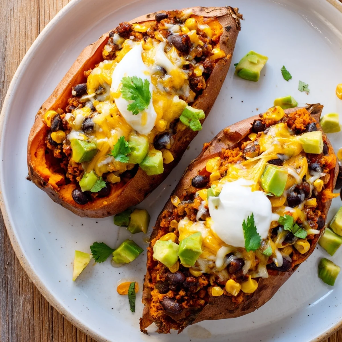 Close-up of hearty Loaded Baked Sweet Potatoes, showing the creamy interior and vibrant toppings, so delicious.