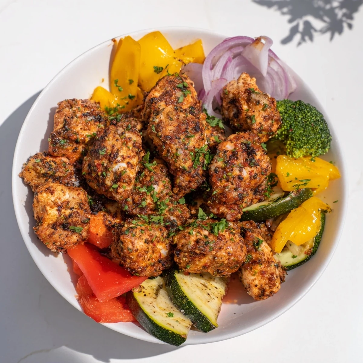 Garlic Parmesan Chicken Bites sheet pan dinner with roasted vegetables, a colorful and savory one-pan meal.