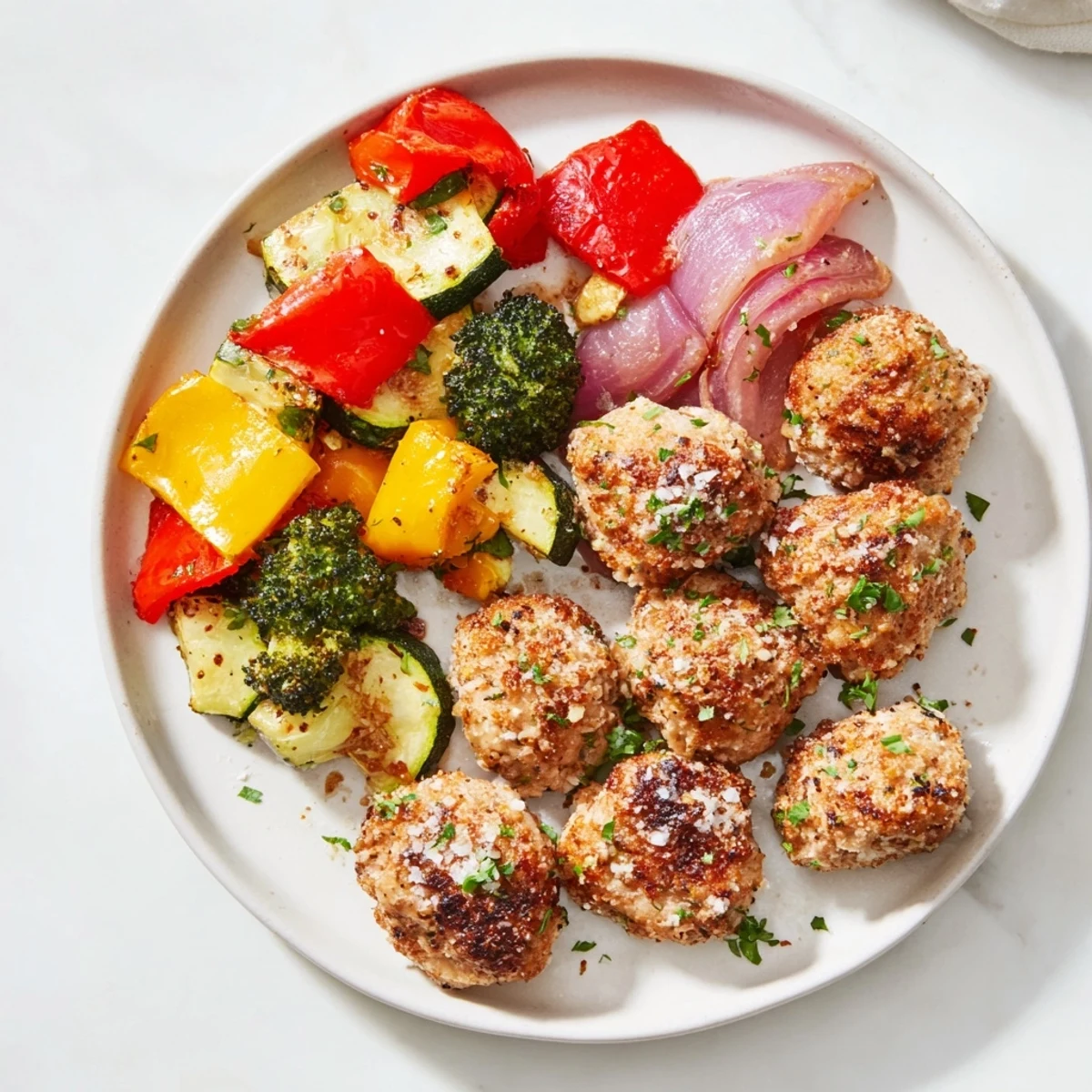 Golden, baked Garlic Parmesan Chicken Bites next to tender, flavorful roasted bell peppers and zucchini.