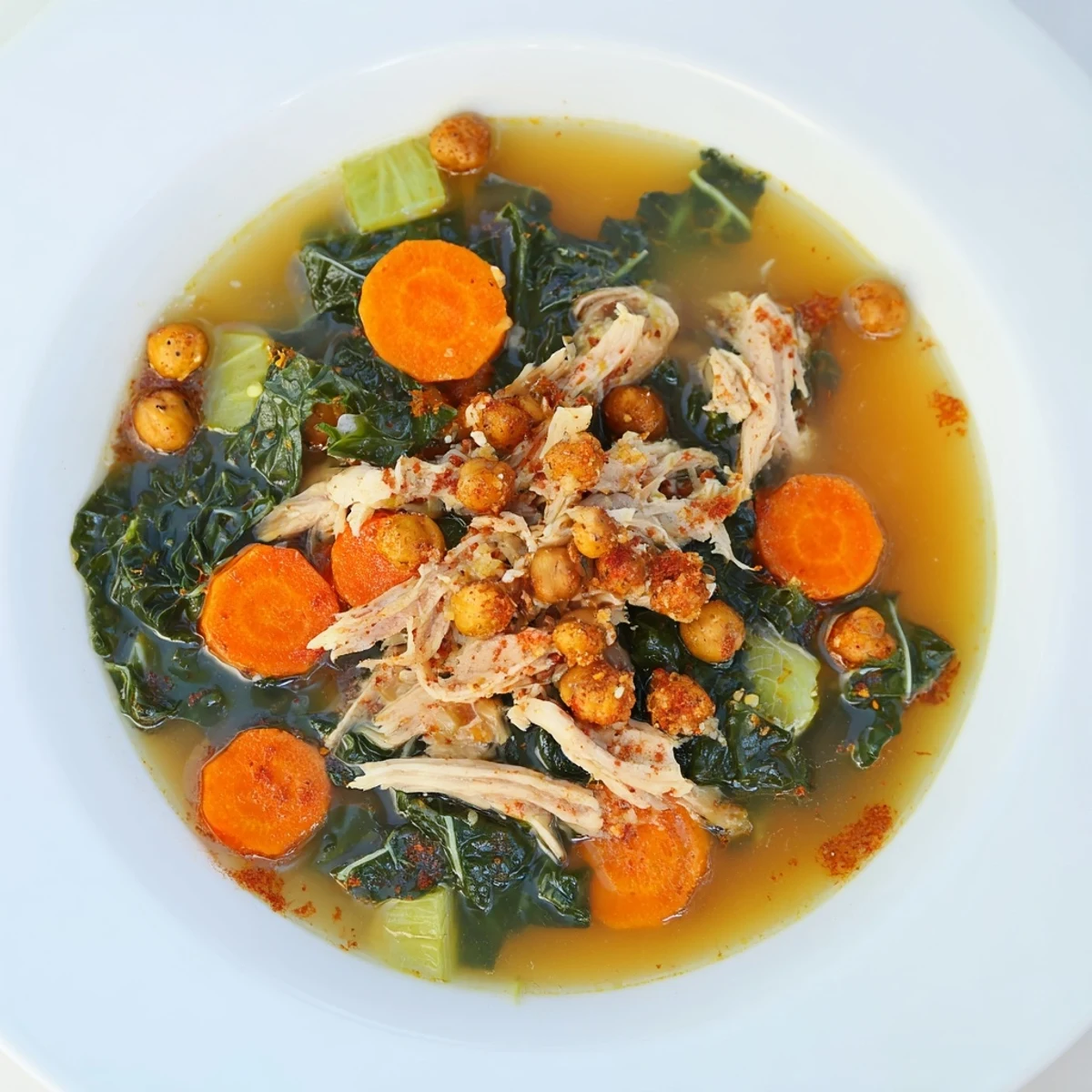 Chicken Kale Soup topped with golden chickpeas, a healthy and comforting American meal.