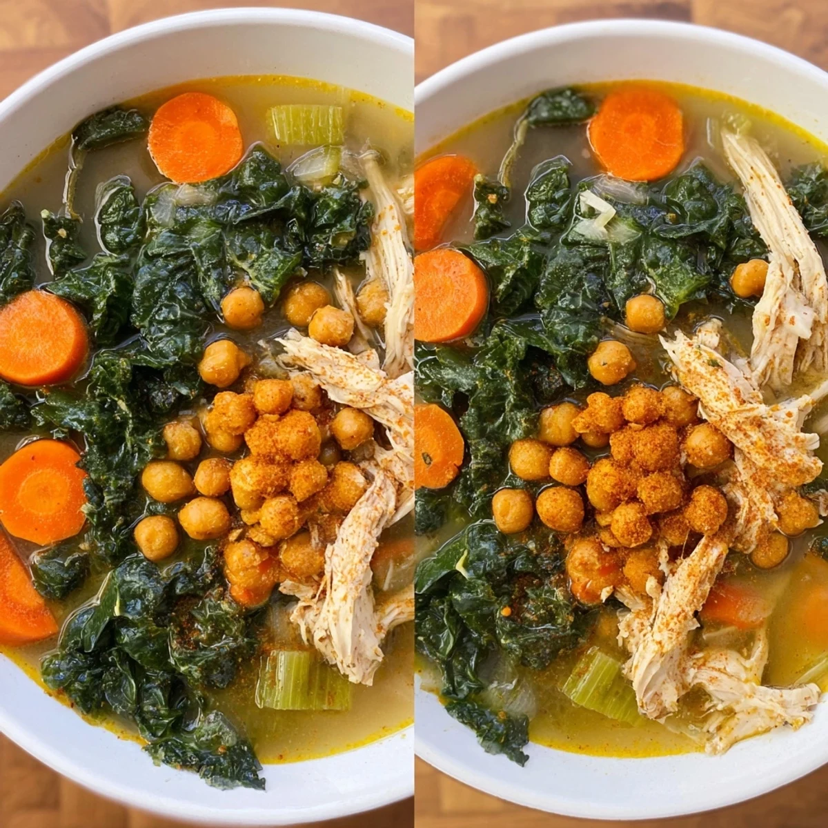A steaming bowl of Chicken Kale Soup, showcasing the tender chicken and vibrant kale colors.