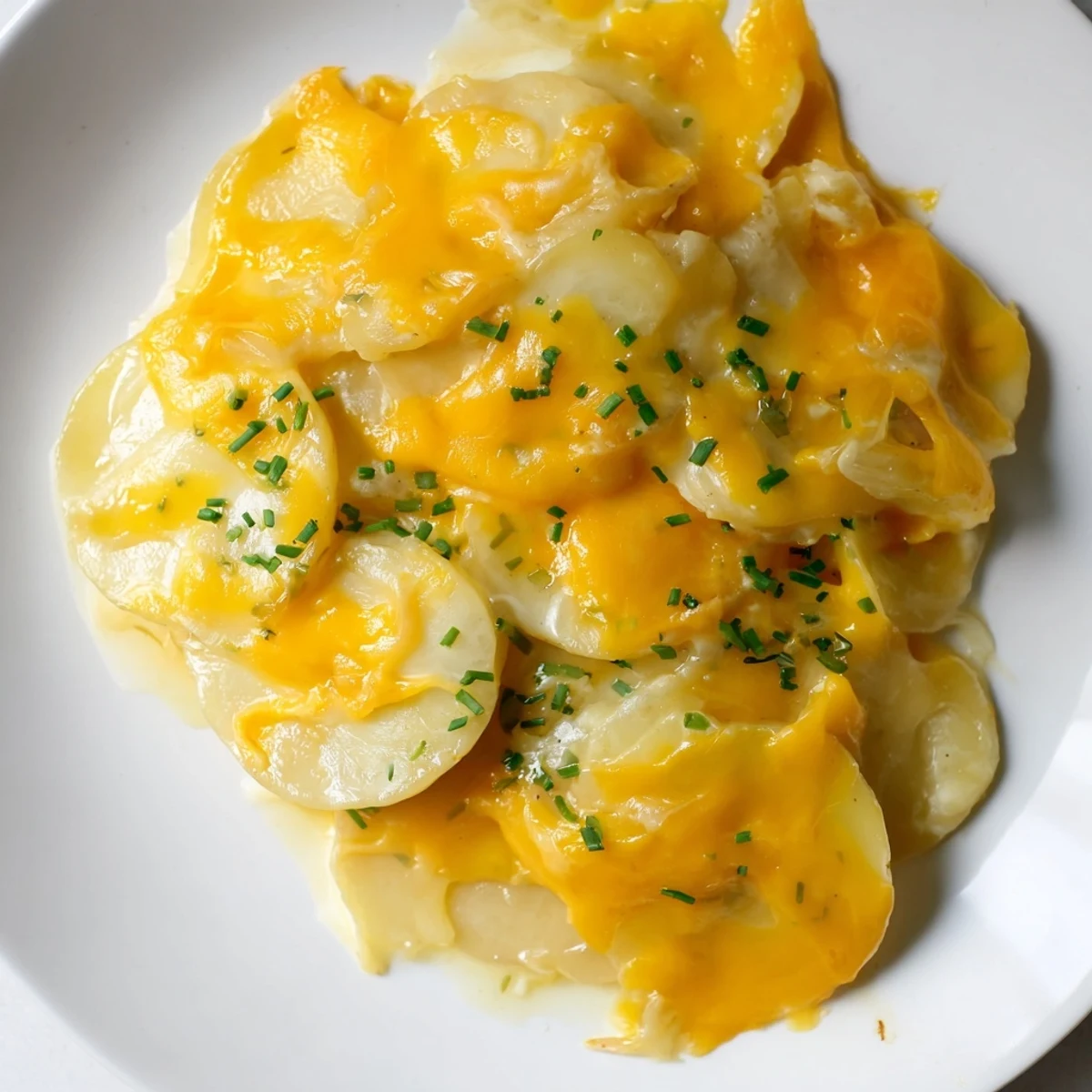 Golden-brown Cheesy Scalloped Potatoes simmering in a baking dish, a classic comforting side dish.