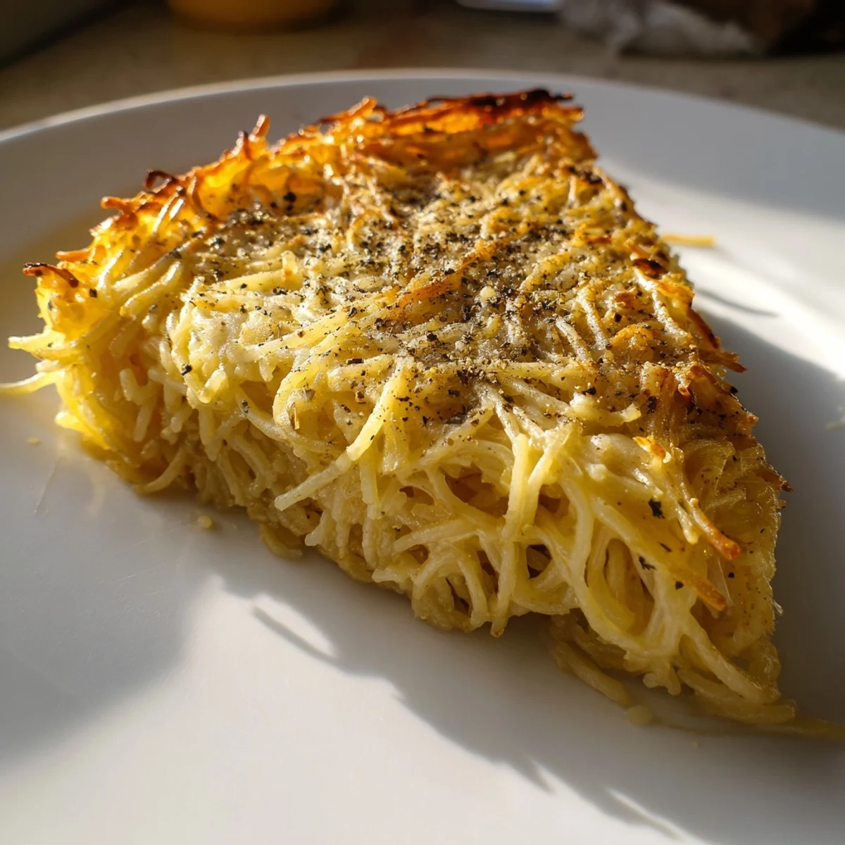 Golden baked Cacio e Pepe Pasta Pie, bubbling with creamy cheese and cracked black pepper, ready to serve.