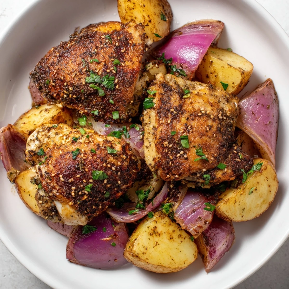 A photo showcasing the deliciousness of Pan-Roasted Zaatar Chicken and Potatoes, with a squeeze of lemon.