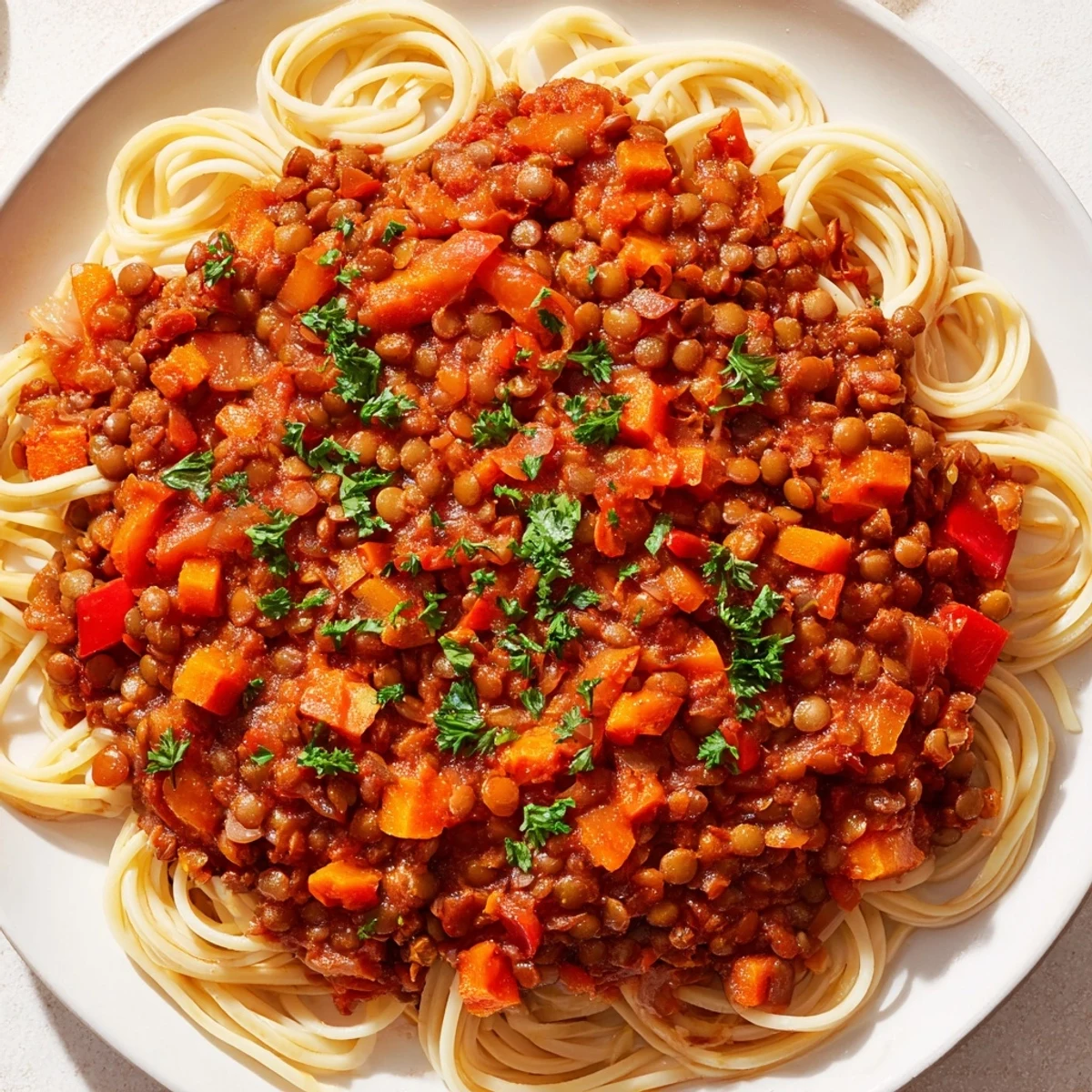 Rich, flavorful Hearty Lentil Bolognese, ladled over pasta and ready for a satisfying Italian dinner.