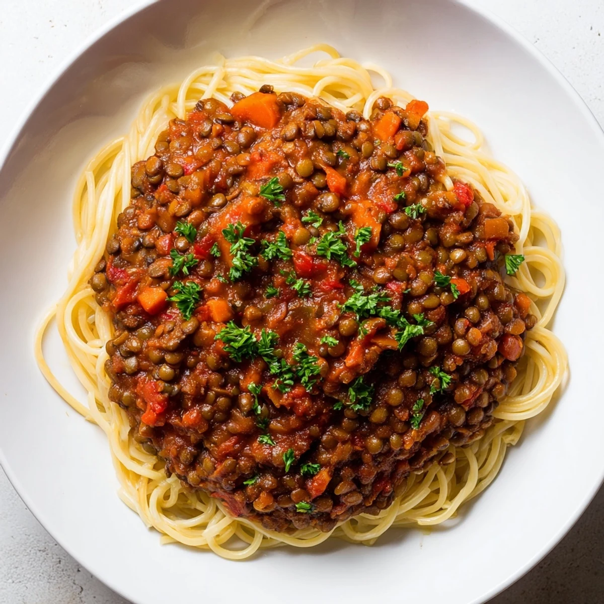 A close-up of the flavorful Hearty Lentil Bolognese, garnished with fresh herbs and served hot.