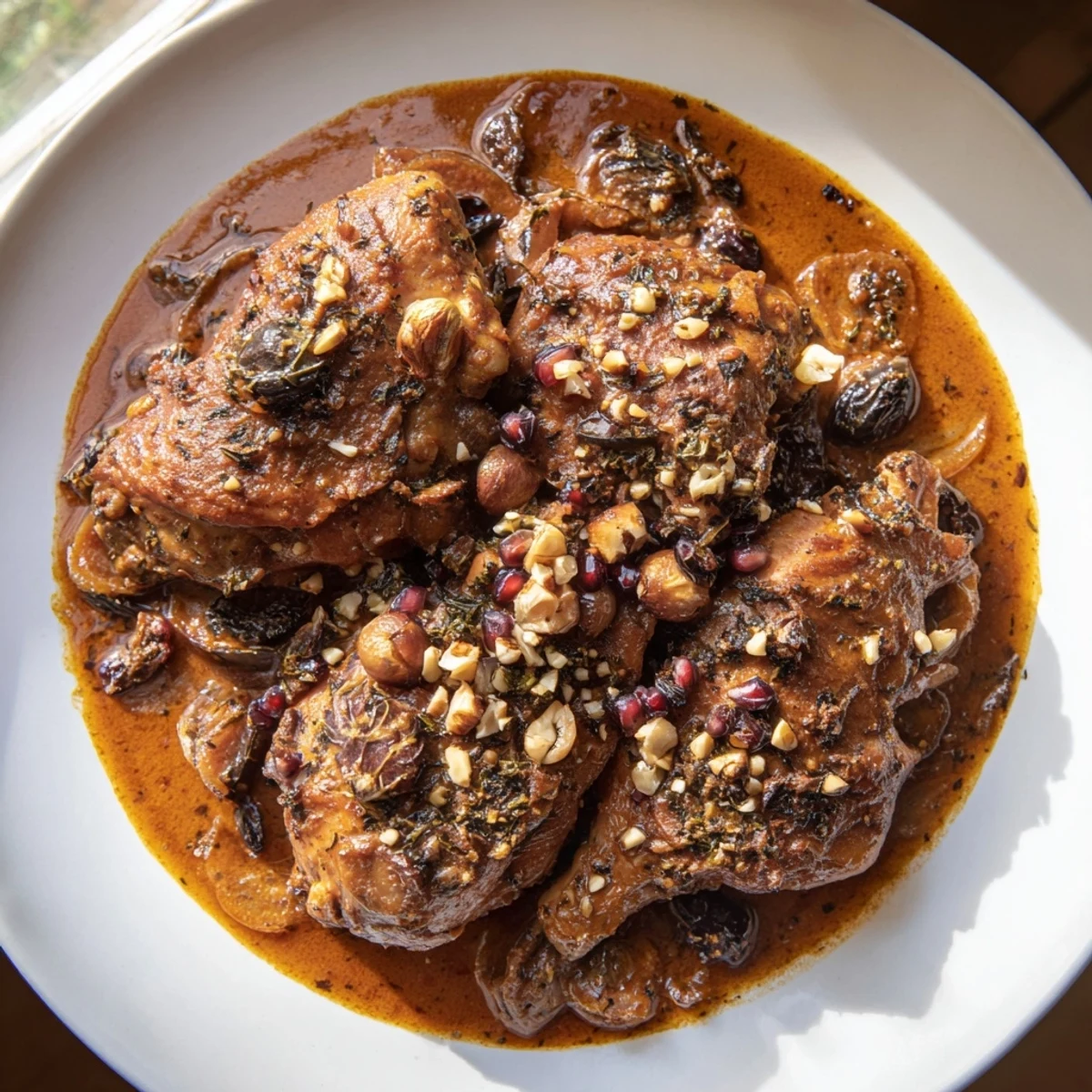 Budget Fesenjan Stew with chicken thighs, glistening with a rich, dark sauce, ready to serve.